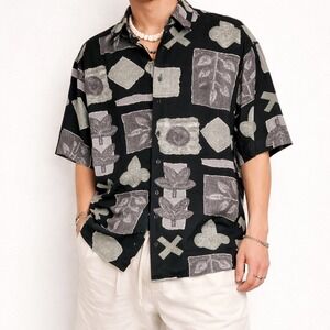 Vintage Haupt Mens Abstract Print Rayon Short Sleeve Button Down Shirt Black L